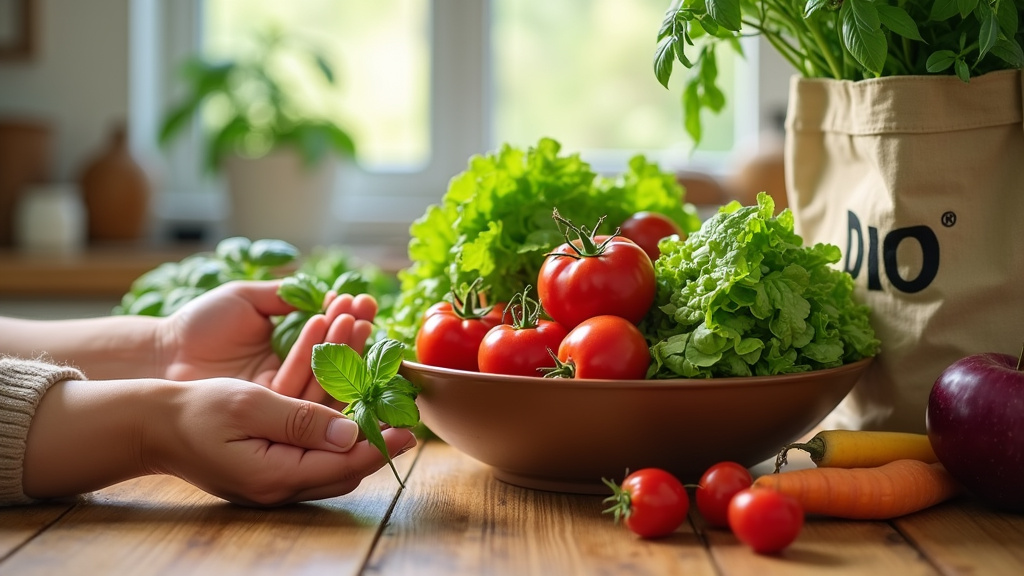 Composition d'un repas bio équilibré avec légumes, céréales et protéines
