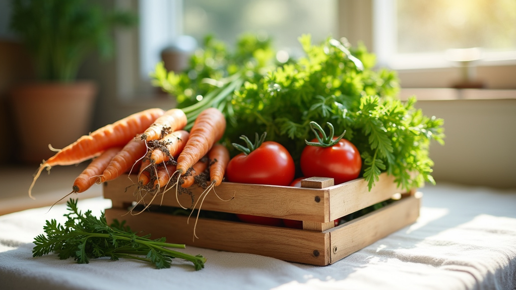 Fruits et légumes bio dans un panier en osier avec des mains qui les sélectionnent