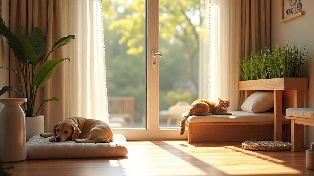 Propriétaire caressant un chien dans un jardin, entouré de jouets et accessoires de bien-être animal