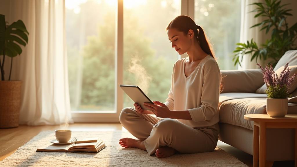 Personne lisant un blog santé sur une tablette dans un environnement serein