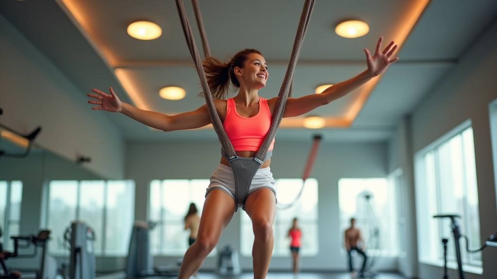 Pratiquants de bungee fitness en pleine séance dans un studio moderne