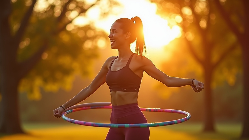 Vue rapprochée d'une personne utilisant un cerceau de fitness, montrant les muscles abdominaux en action