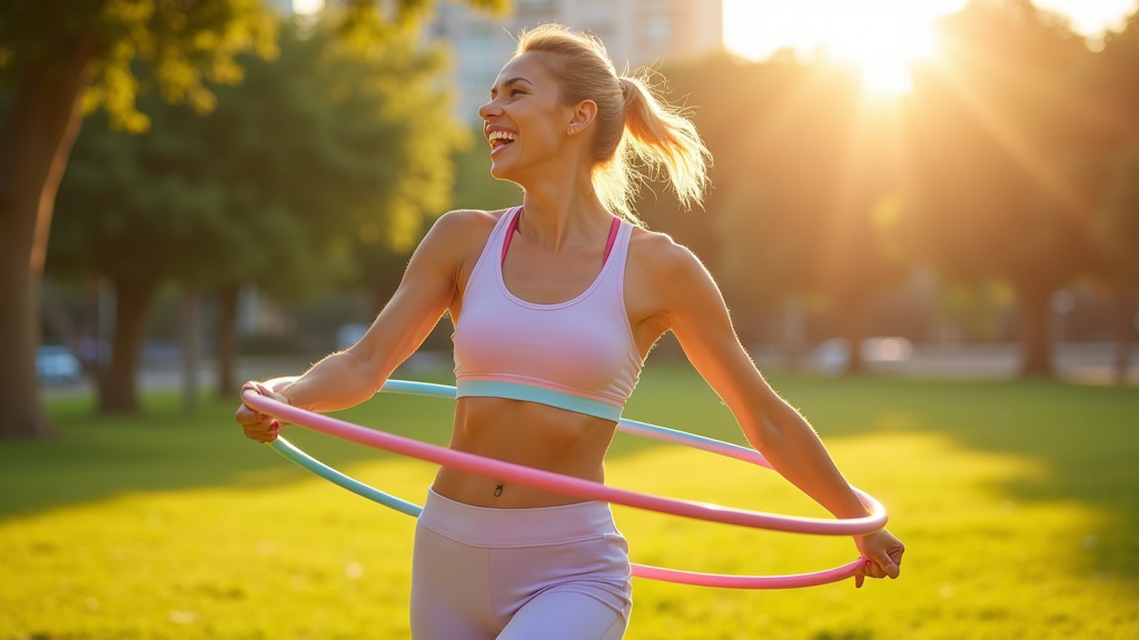 Femme pratiquant le cerceau de fitness dans un salon lumineux, en pleine rotation
