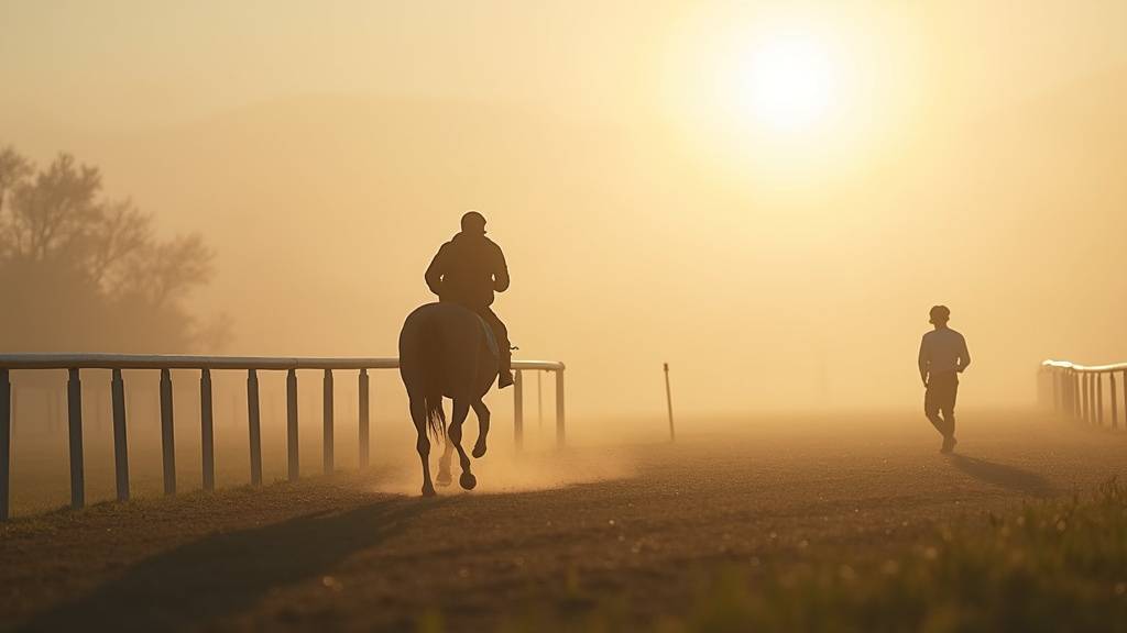 Cheval au galop sur la piste d'entraînement au lever du soleil