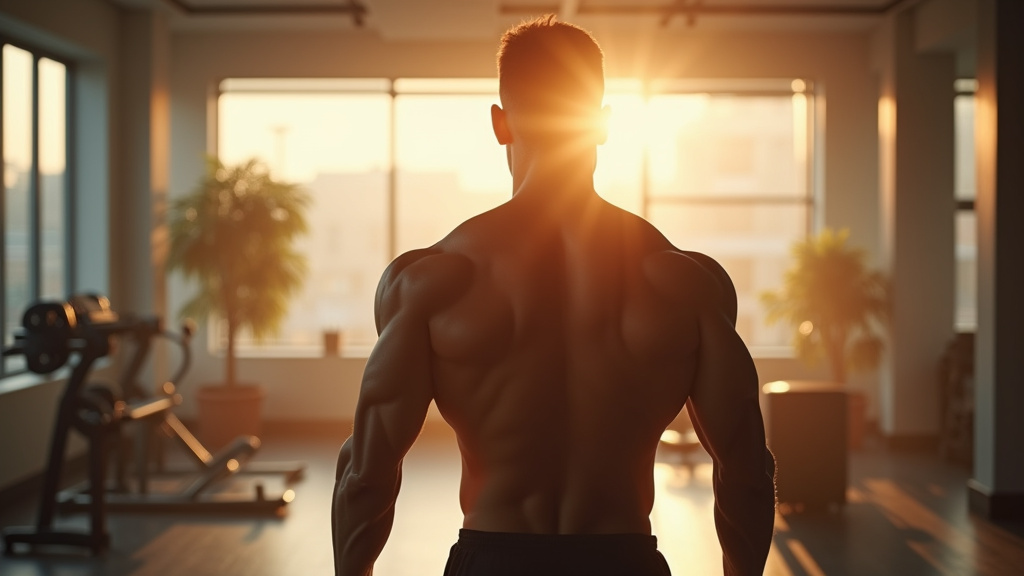 Homme en train de s'entraîner dans une salle de sport avec un programme de musculation affiché