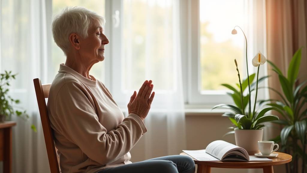 Personne âgée pratiquant des exercices de respiration sur chaise