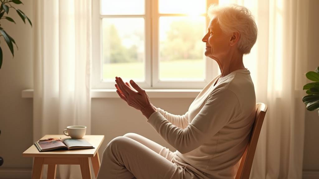 Senior pratiquant le yoga sur chaise dans un salon lumineux