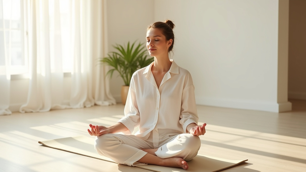 Femme pratiquant le yoga sur un tapis dans un salon lumineux au lever du soleil