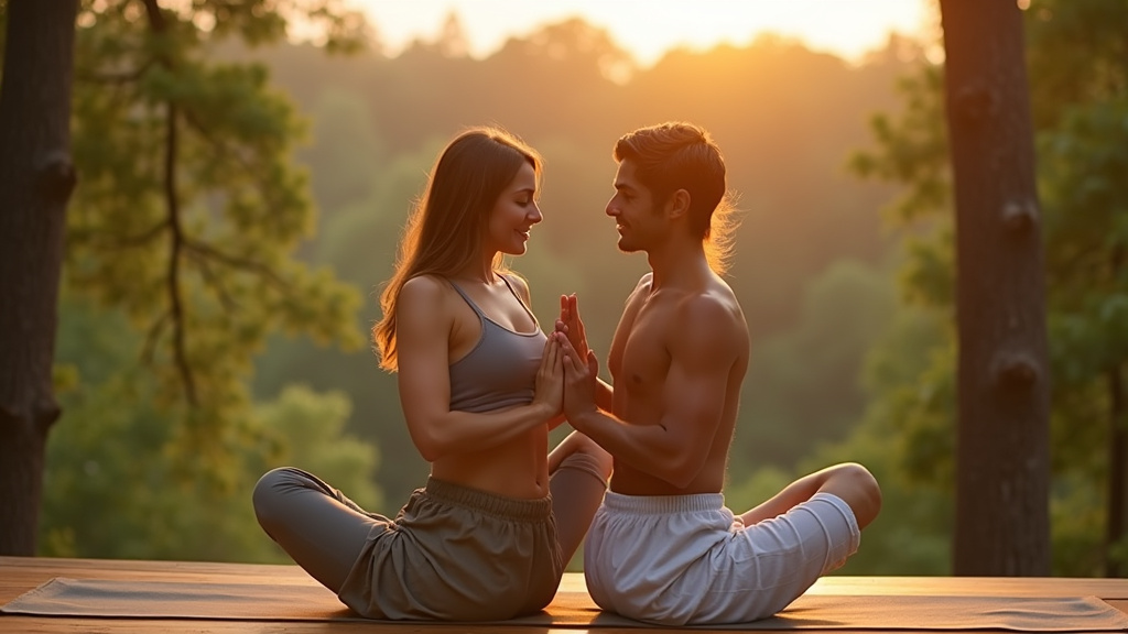 Couple pratiquant une posture de yoga à deux, symbolisant la connexion et l'équilibre