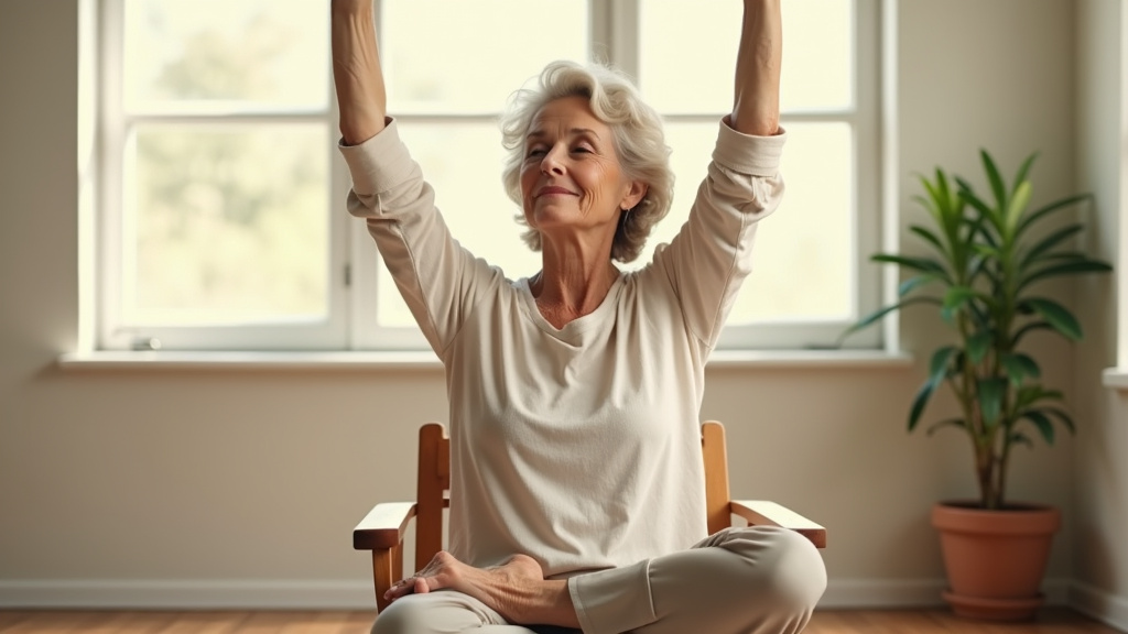 Personne âgée pratiquant le yoga sur chaise avec concentration