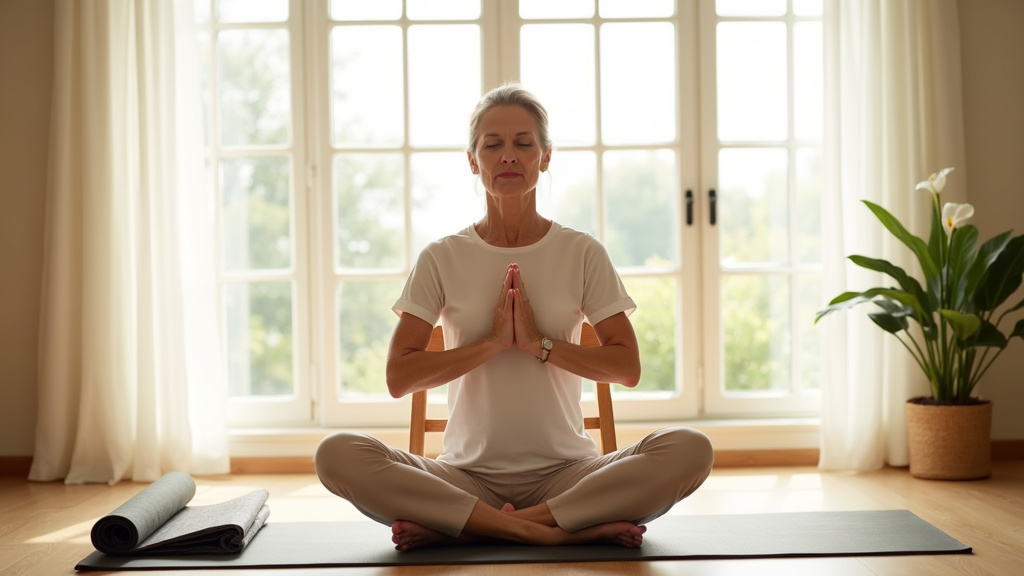 Pratique du yoga sur chaise dans un environnement lumineux et apaisant